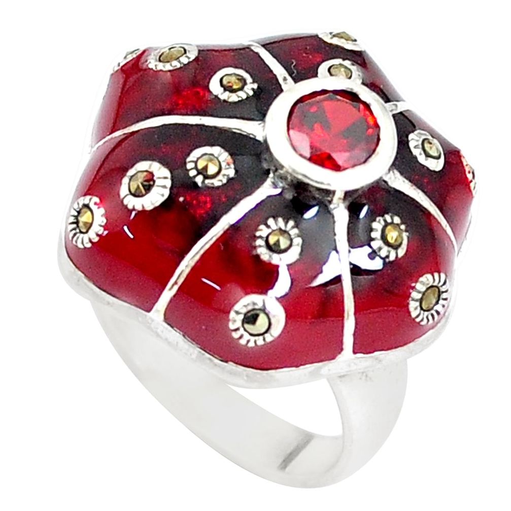 925 silver 1.35cts natural red garnet marcasite enamel ring size 6.5 a93673