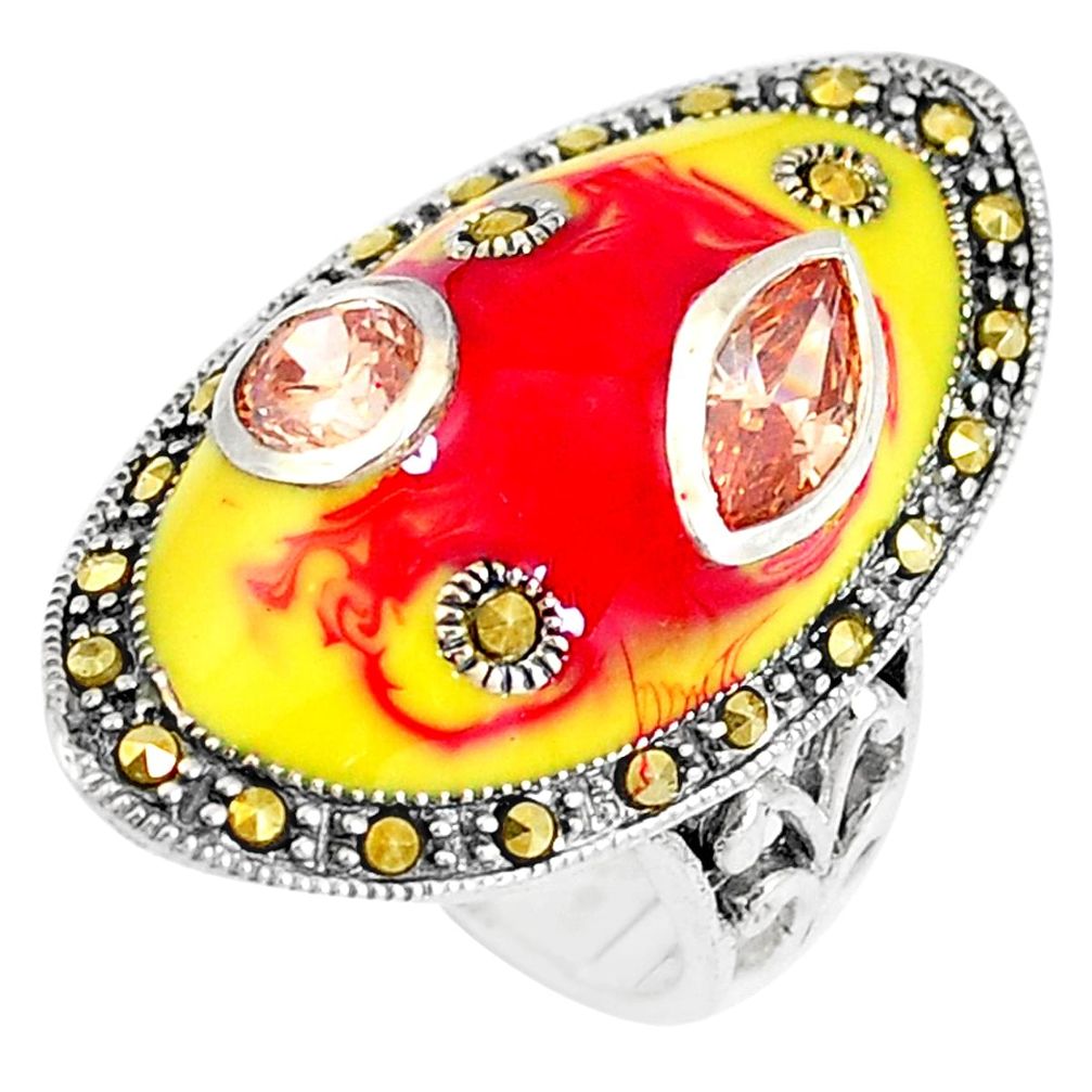 3.30cts natural orange topaz marcasite enamel 925 silver ring size 6 a93689