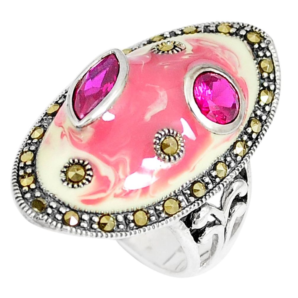 4.24cts red ruby (lab) marcasite enamel 925 sterling silver ring size 7 a93695