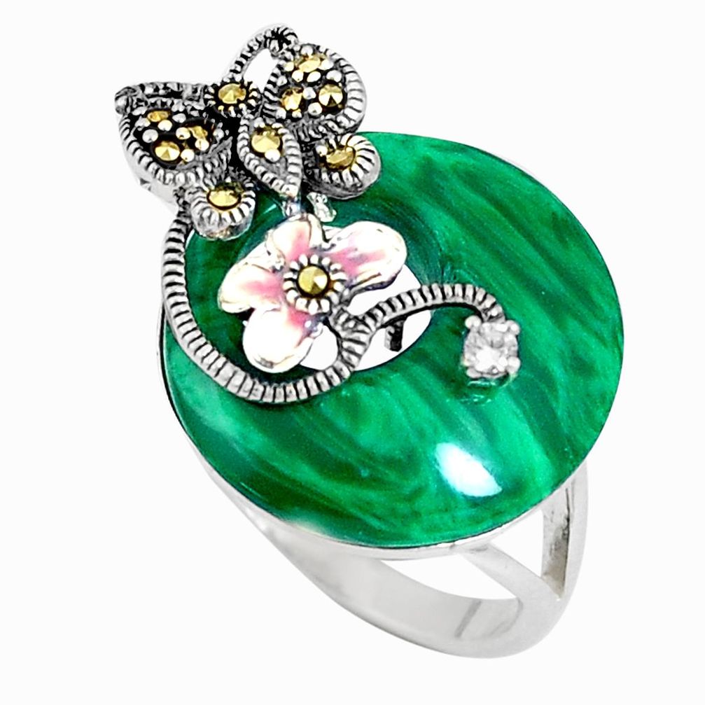 Natural green malachite (pilot's stone) silver lady face ring size 6.5 a93752