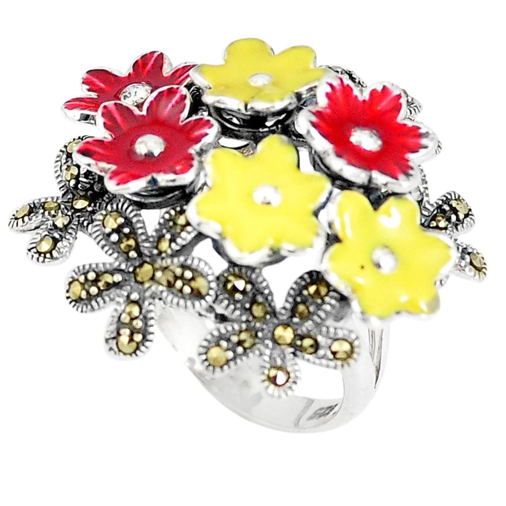 Fine marcasite enamel 925 sterling silver flower ring jewelry size 6 a93777