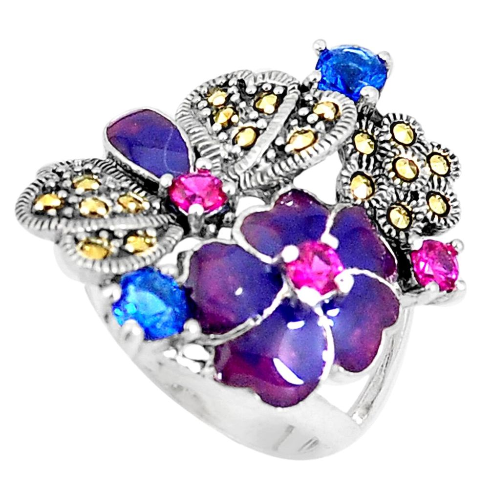 Blue sapphire (lab) ruby (lab) enamel 925 silver flower ring size 7 a93778