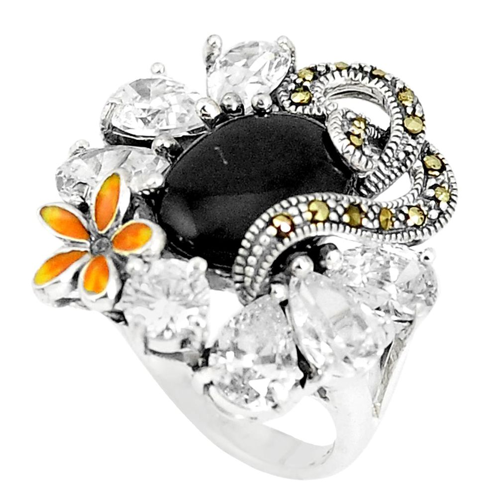 Natural black onyx topaz enamel 925 sterling silver flower ring size 8 a93779