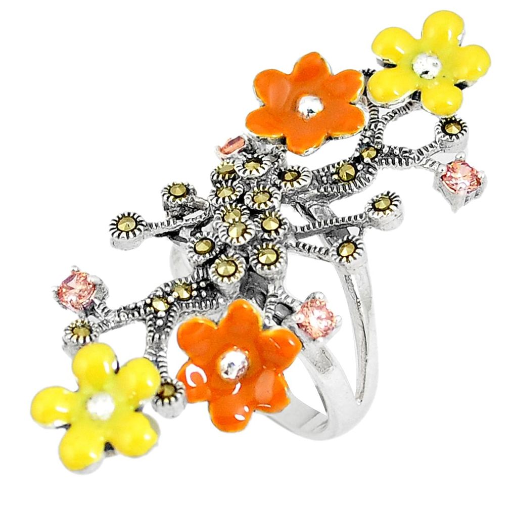 1.09cts natural orange topaz marcasite 925 silver flower ring size 7.5 a93784