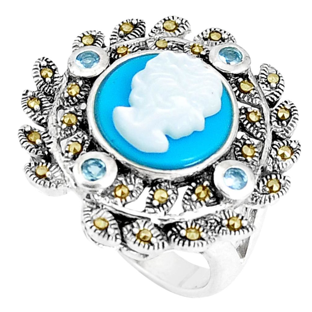 Blue sleeping beauty turquoise lady face 925 silver flower ring size 7 a93787