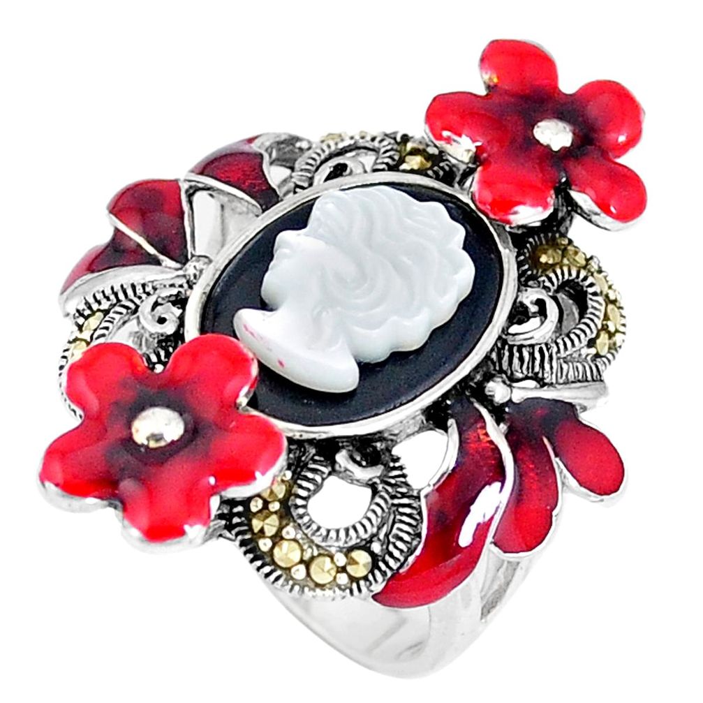 Natural opal cameo on black onyx lady face silver flower ring size 5.5 a93796