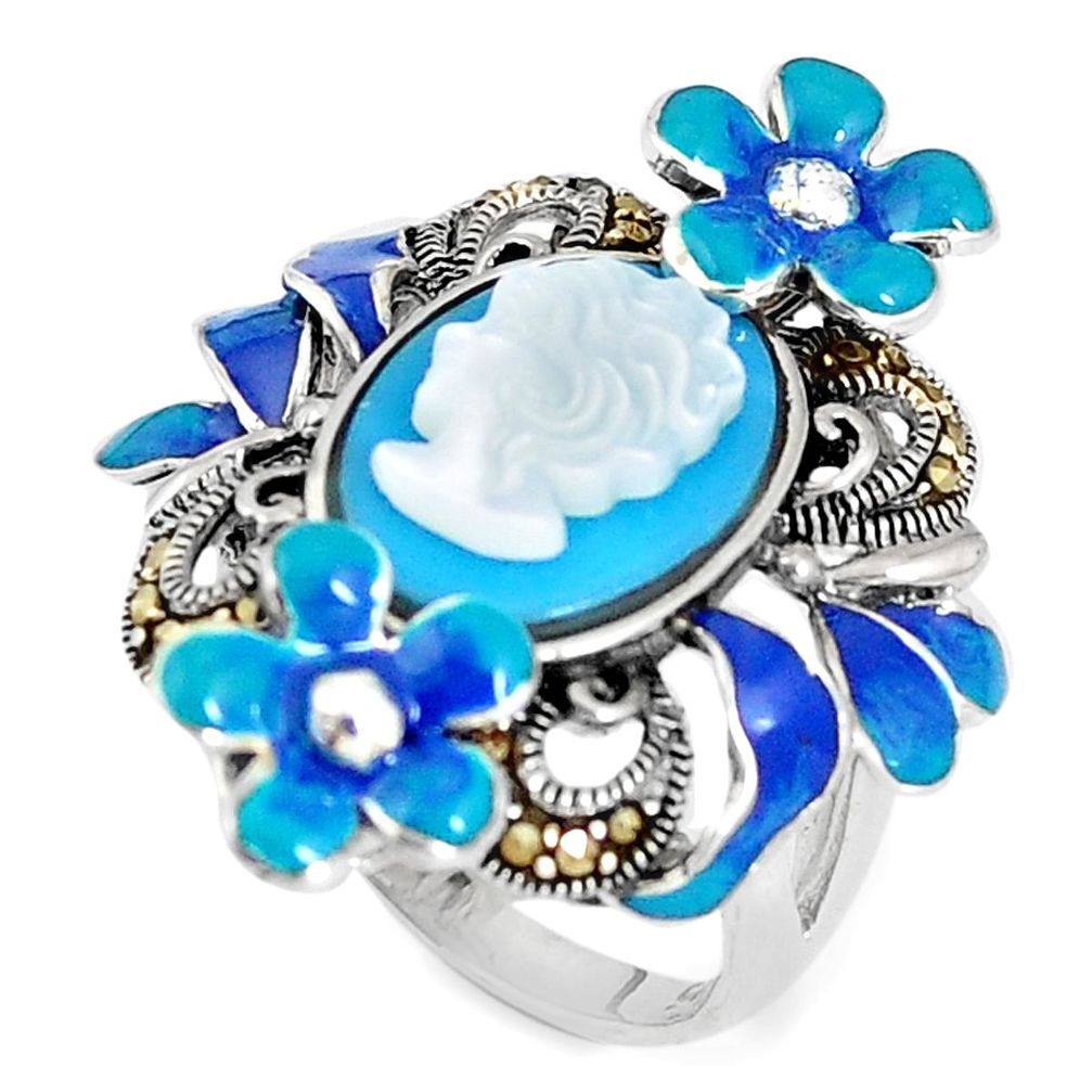 Blue sleeping beauty turquoise pearl lady face 925 silver ring size 5.5 a93803