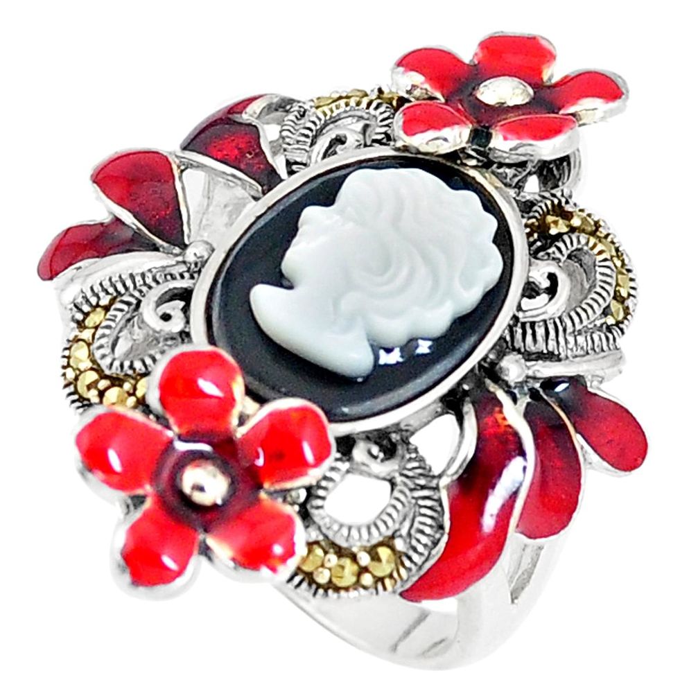 7.11cts natural onyx pearl enamel lady face 925 silver ring size 7.5 a93805