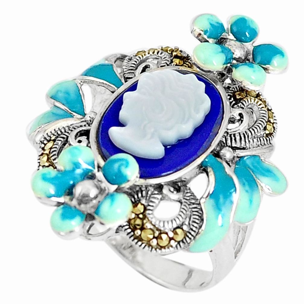 Natural blue lapis lazuli pearl enamel lady face 925 silver ring size 7.5 a93806