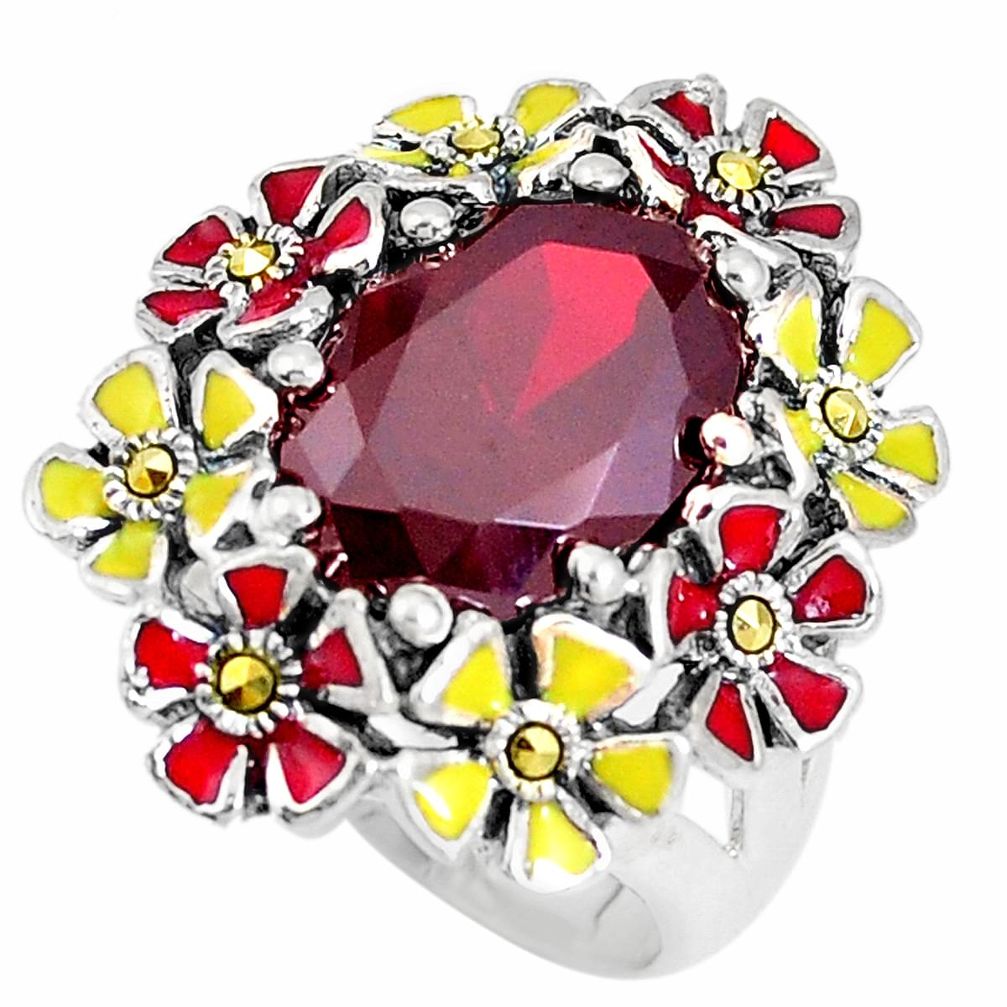 Red garnet quartz marcasite enamel 925 silver flower ring size 6.5 a93833