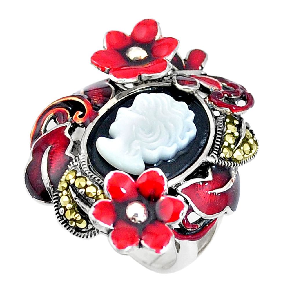 6.42cts natural black onyx pearl enamel lady face silver ring size 5.5 a93836