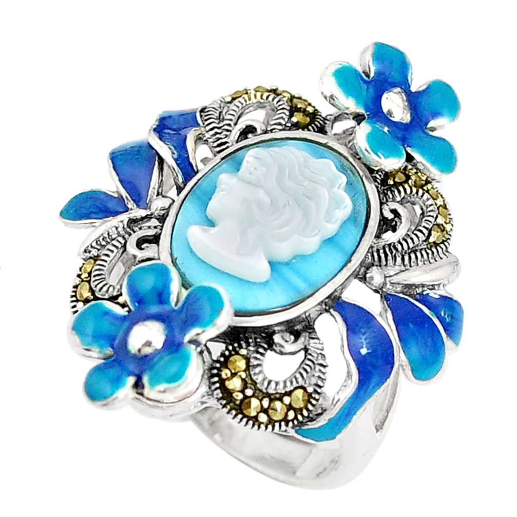 Natural blue larimar pearl enamel lady face 925 silver ring size 7.5 a93849