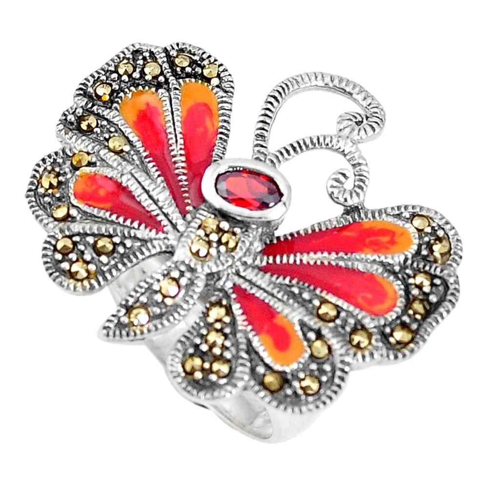925 silver natural red garnet swiss marcasite butterfly ring size 8 a93859