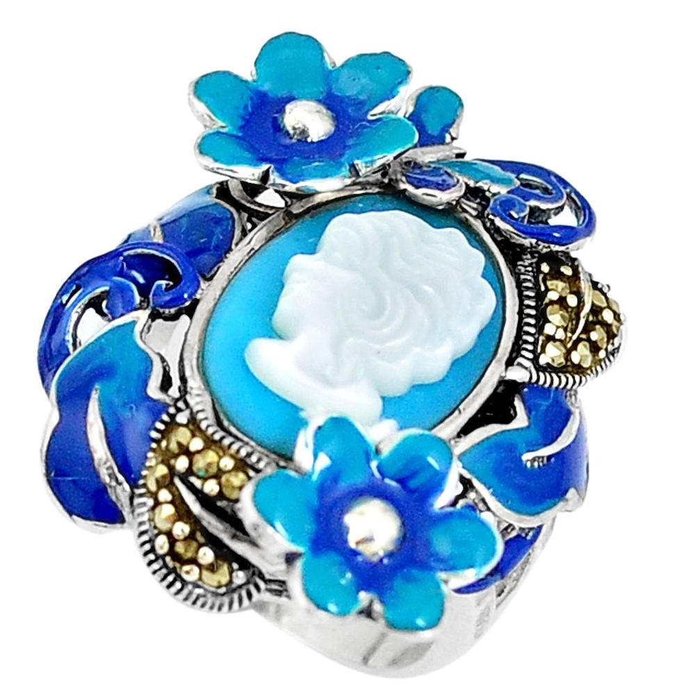 Blue sleeping beauty turquoise pearl lady face 925 silver ring size 5.5 a93865