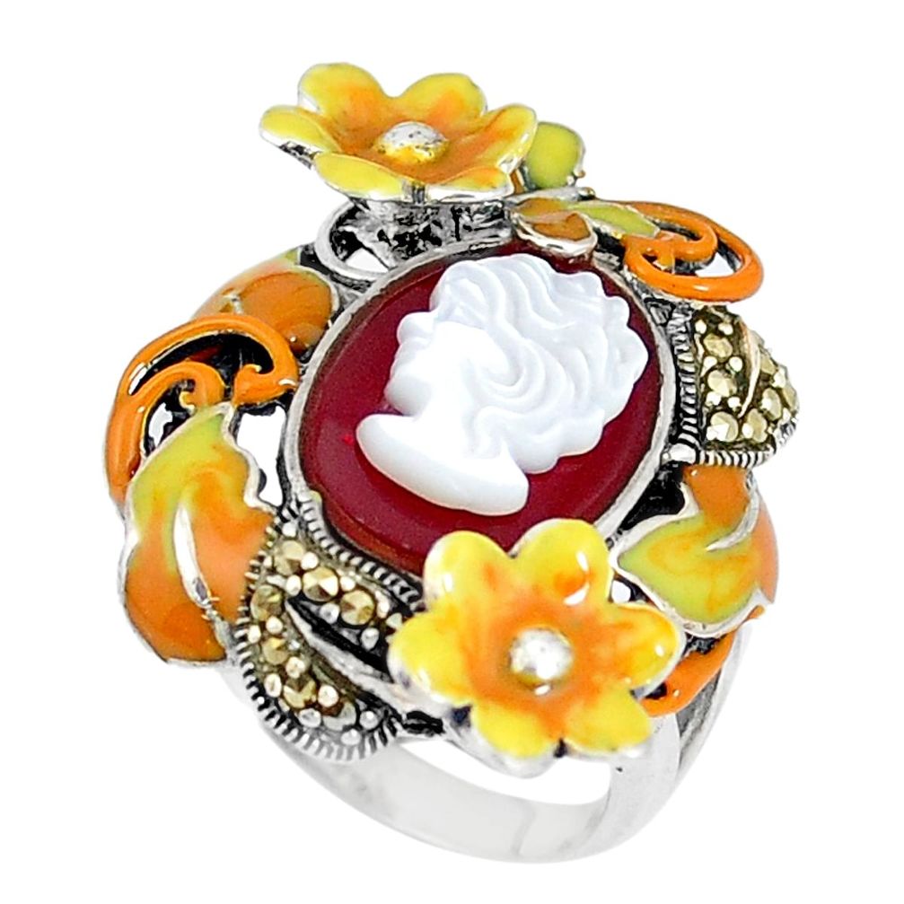 Natural honey onyx pearl enamel lady face silver flower ring size 7.5 a93868