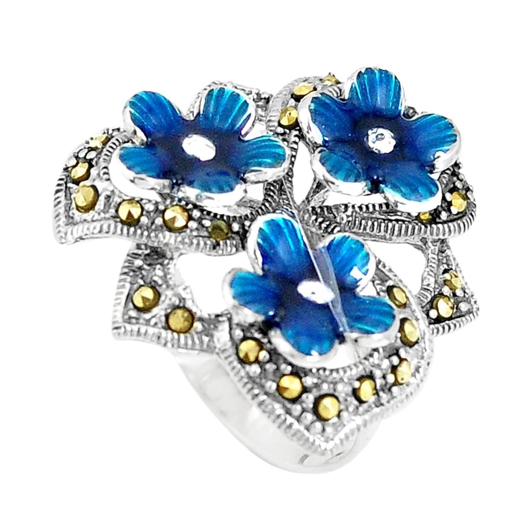 9.26gms marcasite enamel 925 sterling silver flower ring jewelry size 7 a93889