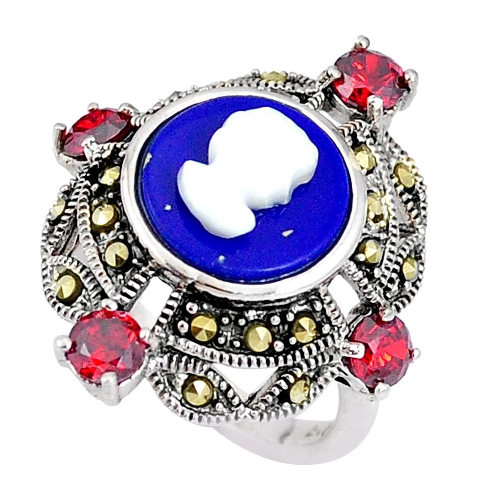 Natural blue lapis lazuli pearl enamel lady face 925 silver ring size 7 a93984