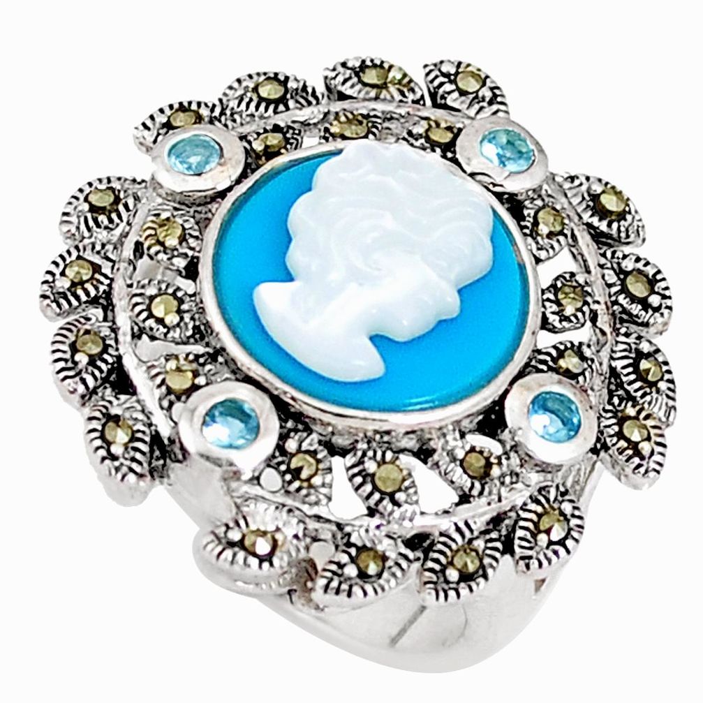 Blue sleeping beauty turquoise pearl 925 silver lady face ring size 6 a94034