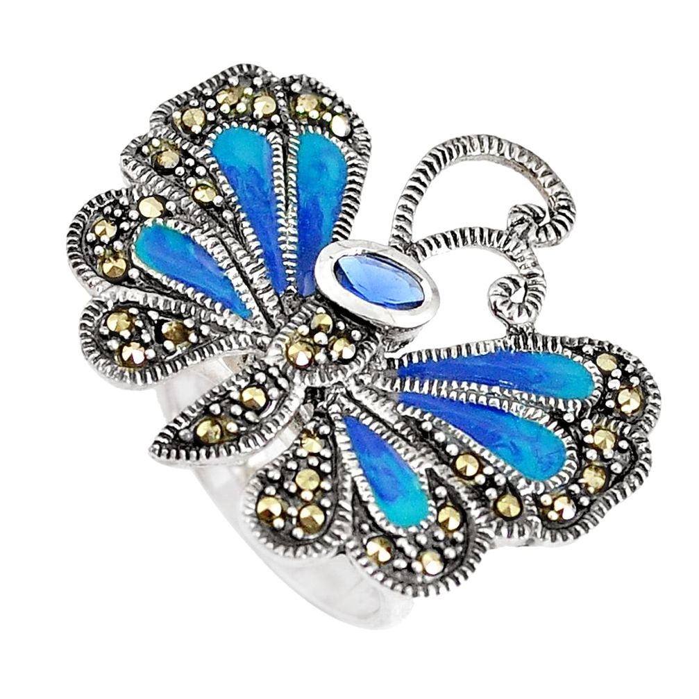 925 silver 1.18cts blue sapphire (lab) marcasite butterfly ring size 5.5 a94059