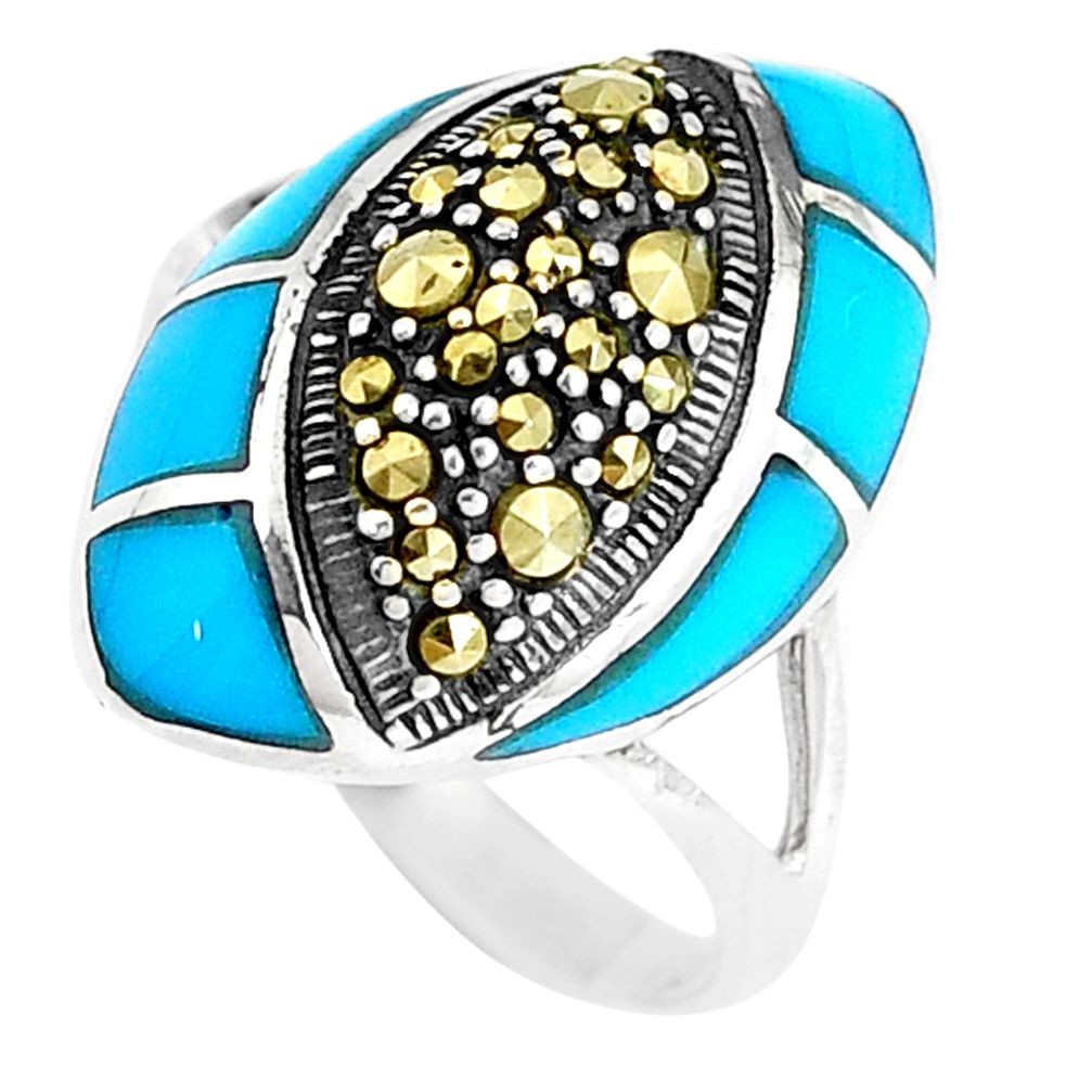 5.12cts blue sleeping beauty turquoise marcasite 925 silver ring size 7.5 a94148