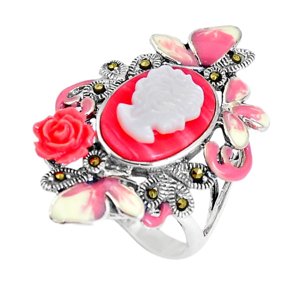 925 silver natural pink cameo on shell lady face flower ring size 7.5 a94160