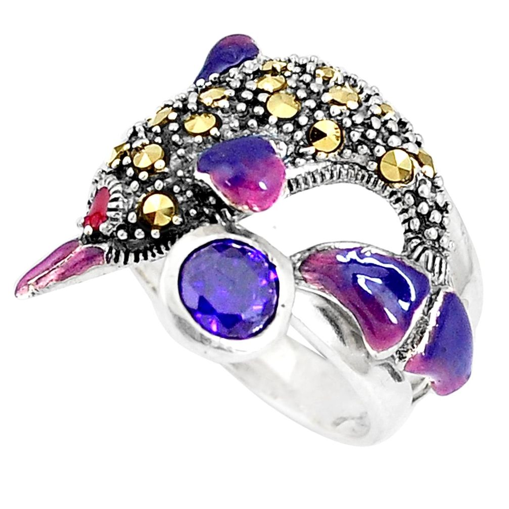 925 silver 1.54cts purple amethyst quartz marcasite dolphin ring size 6.5 a94184