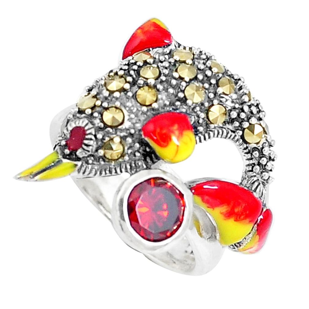 1.61cts red garnet quartz marcasite enamel 925 silver dolphin ring size 7 a94188