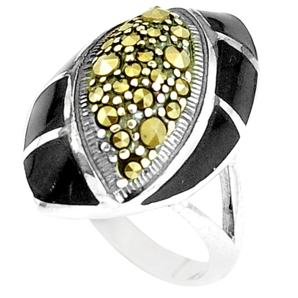 5.28cts natural black onyx marcasite 925 sterling silver ring size 5.5 a94195