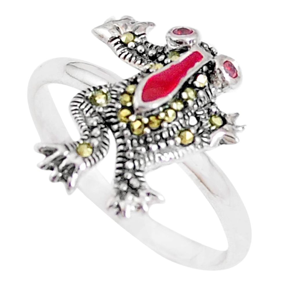 0.35cts red garnet quartz marcasite enamel 925 silver frog ring size 8.5 a94236