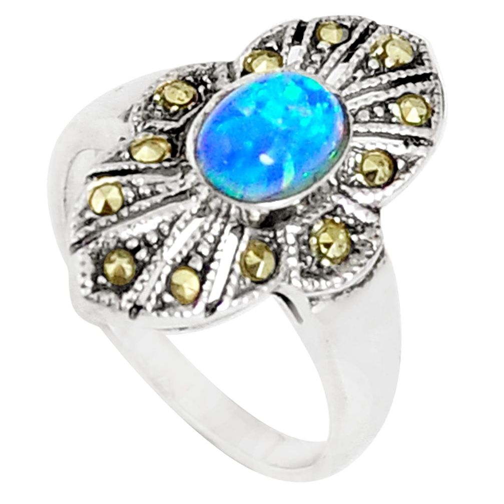 4.52cts blue australian opal (lab) marcasite 925 silver ring size 6 a94572