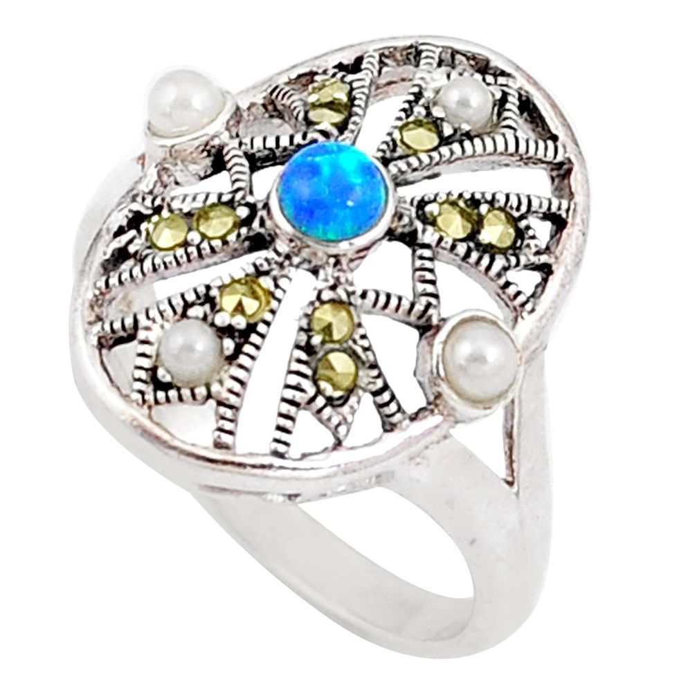 925 silver 1.22cts blue australian opal (lab) white pearl ring size 7.5 a94592