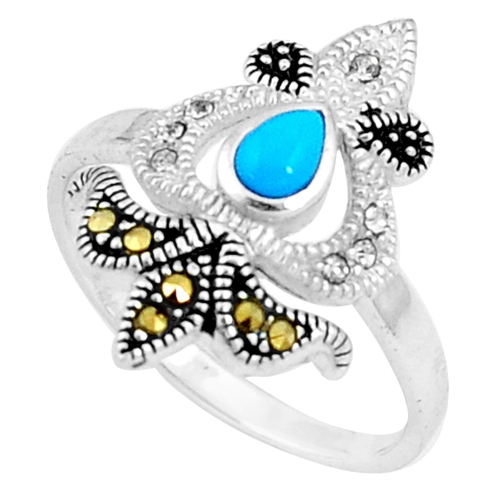 1.17cts blue sleeping beauty turquoise marcasite 925 silver ring size 9 a94829