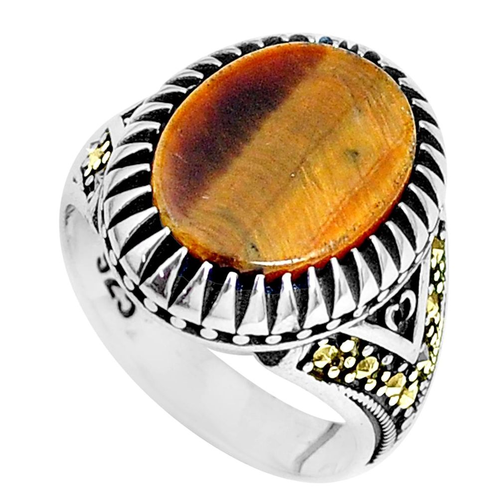 10.74cts natural brown tiger's eye marcasite 925 silver mens ring size 11 a95500