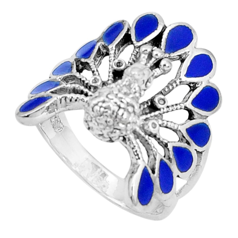 7.89gms blue lapis lazuli enamel 925 silver peacock ring jewelry size 9.5 a95570