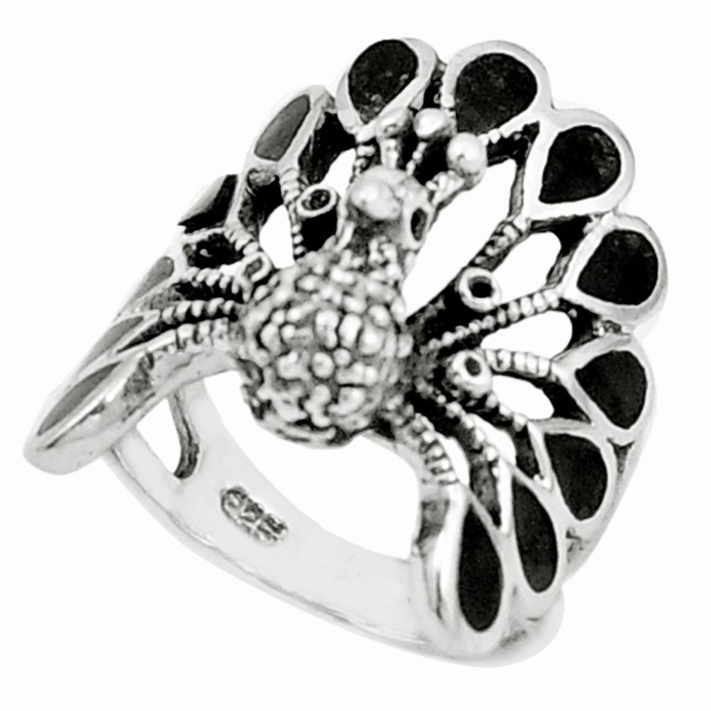 925 sterling silver 7.26gms black onyx enamel peacock ring size 9.5 a95573