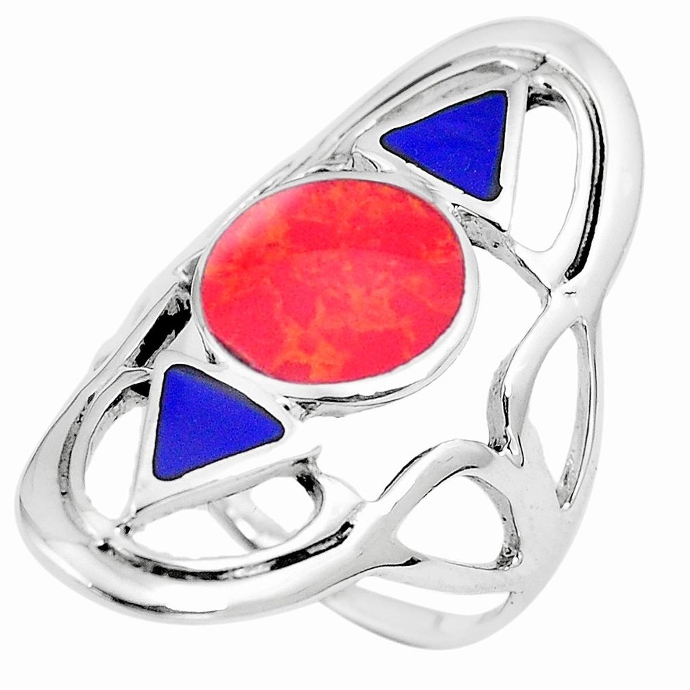 6.89gms red coral lapis lazuli enamel 925 sterling silver ring size 10 a95574