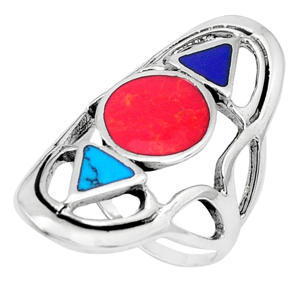 6.89gms red coral lapis lazuli enamel 925 sterling silver ring size 7 a95575