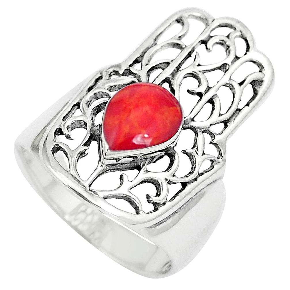 5.48gms red coral enamel 925 silver hand of god hamsa ring size 6.5 a95579