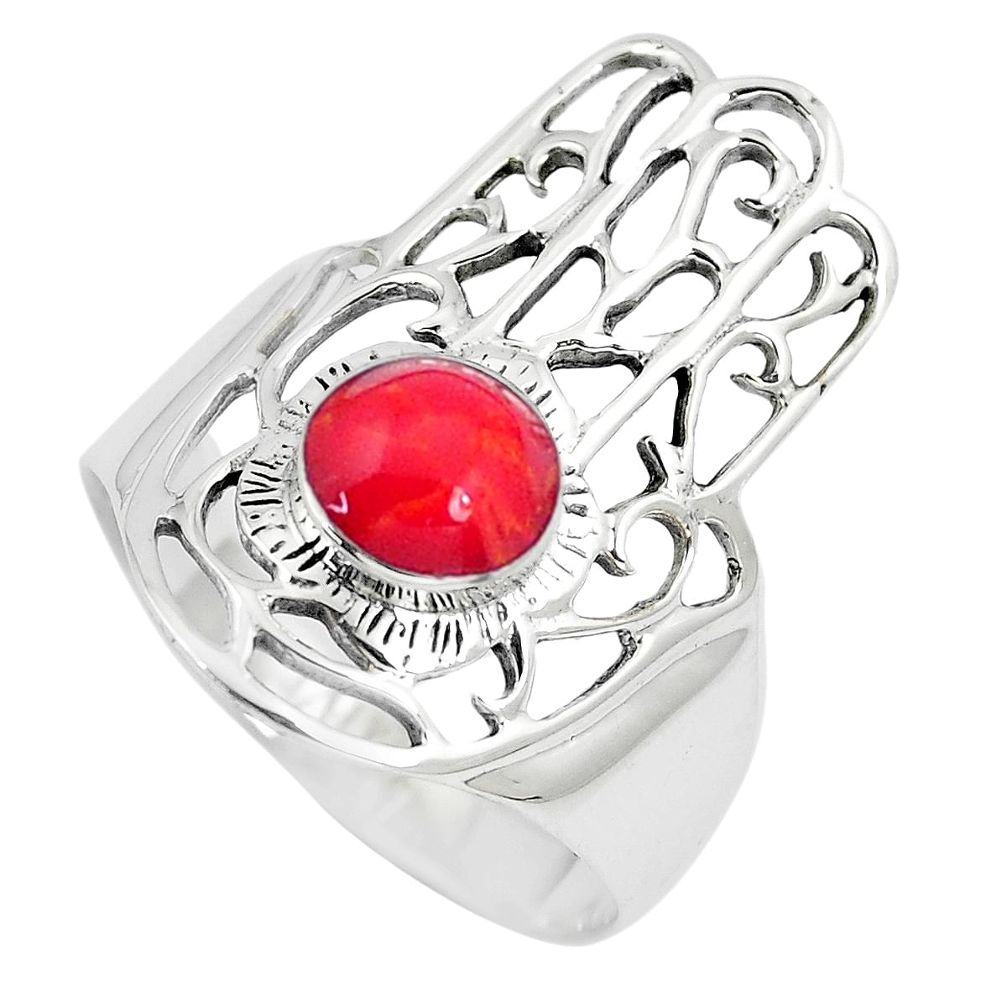 5.26gms red coral enamel 925 silver hand of god hamsa ring size 8 a95594