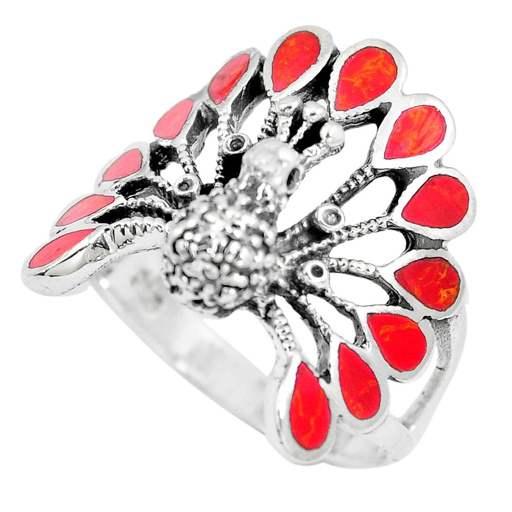 7.26gms red coral enamel 925 sterling silver peacock ring size 9.5 a95597