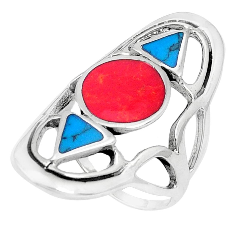 7.02gms red coral turquoise enamel 925 sterling silver ring size 9.5 a95599