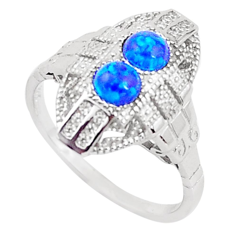 925 silver art deco blue australian opal (lab) round topaz ring size 7 a96673