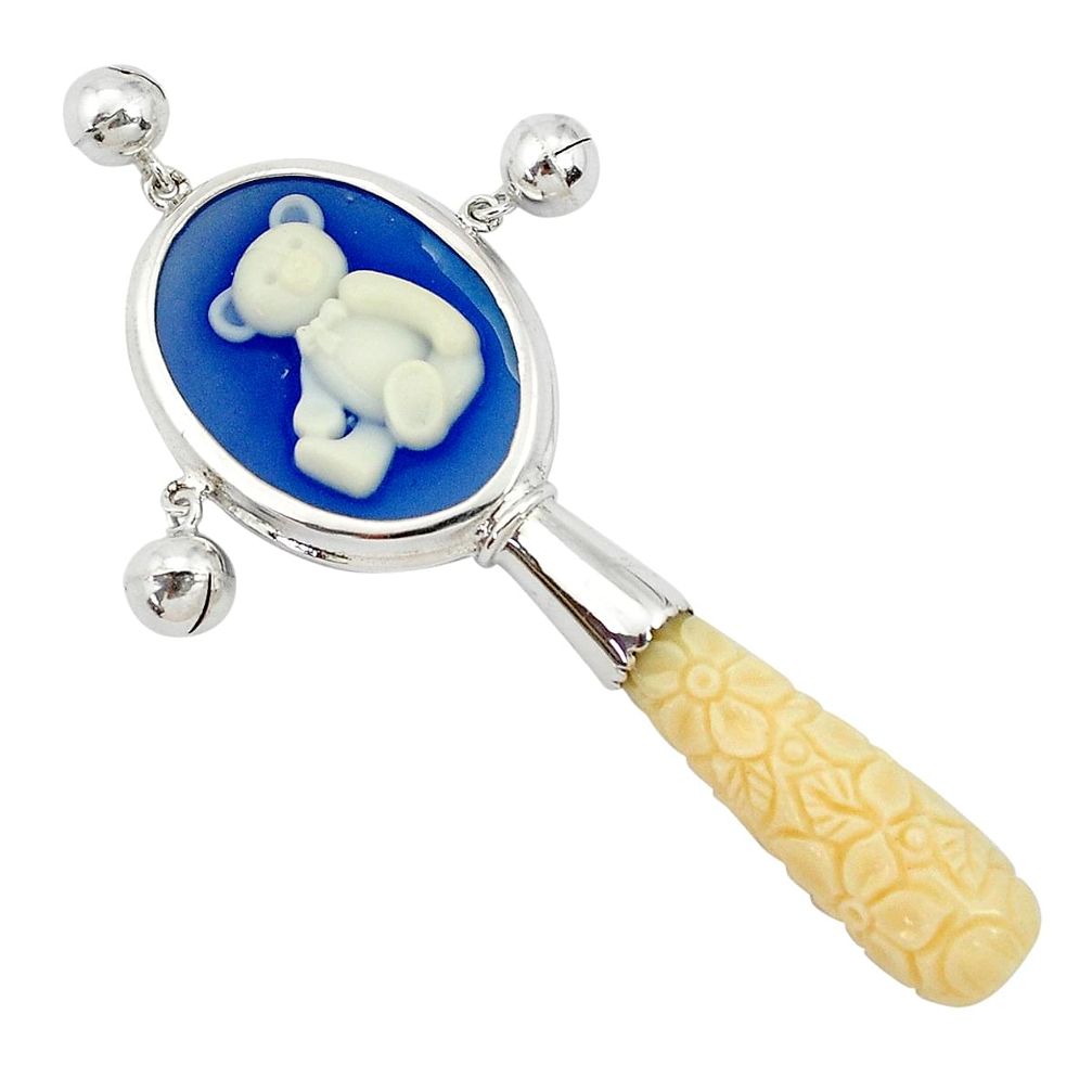 White Coral Teddy Bear Cameo 925 Sterling Silver Rattle Jewelry