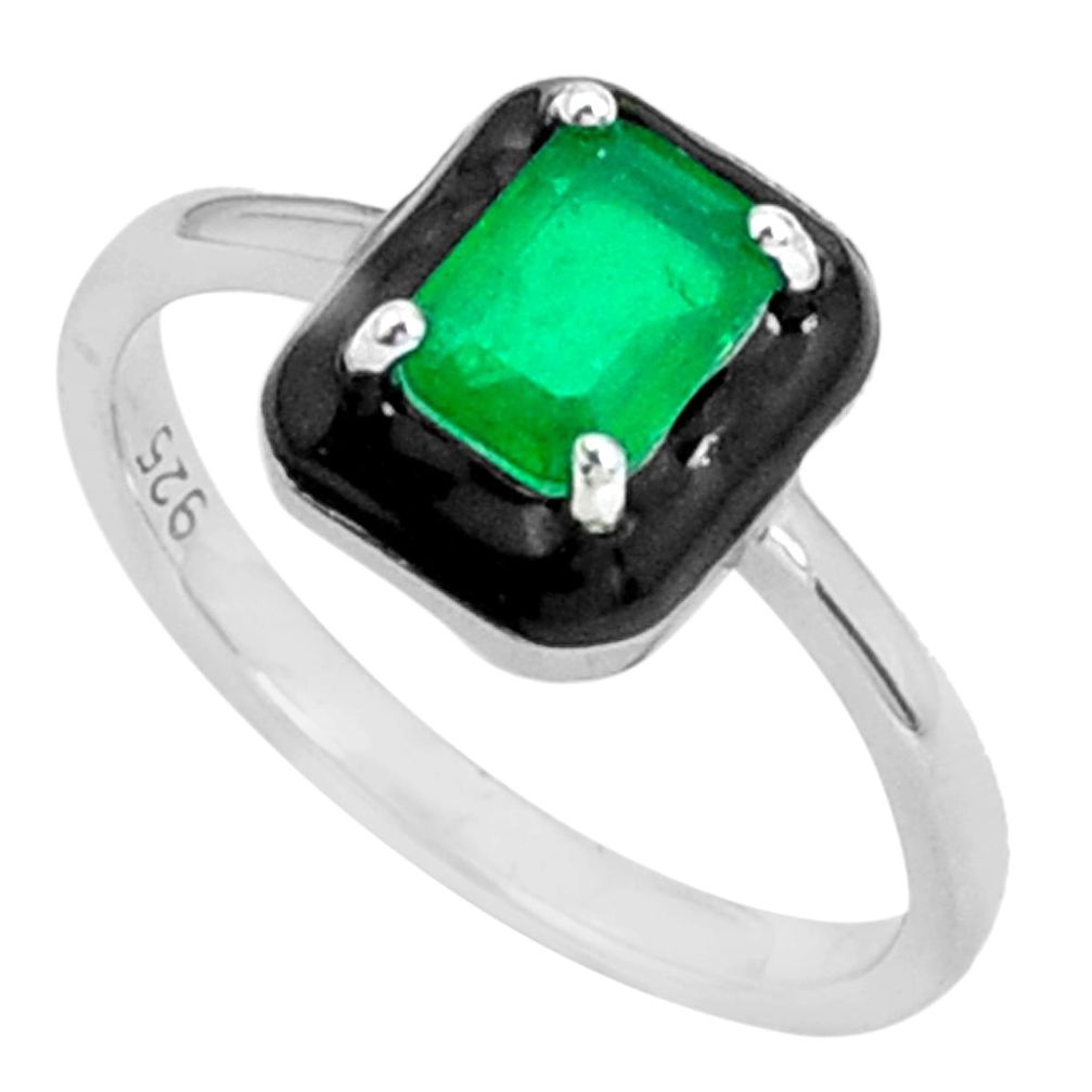 925 sterling silver 1.74cts green emerald (lab) black enamel ring size 6 a96924
