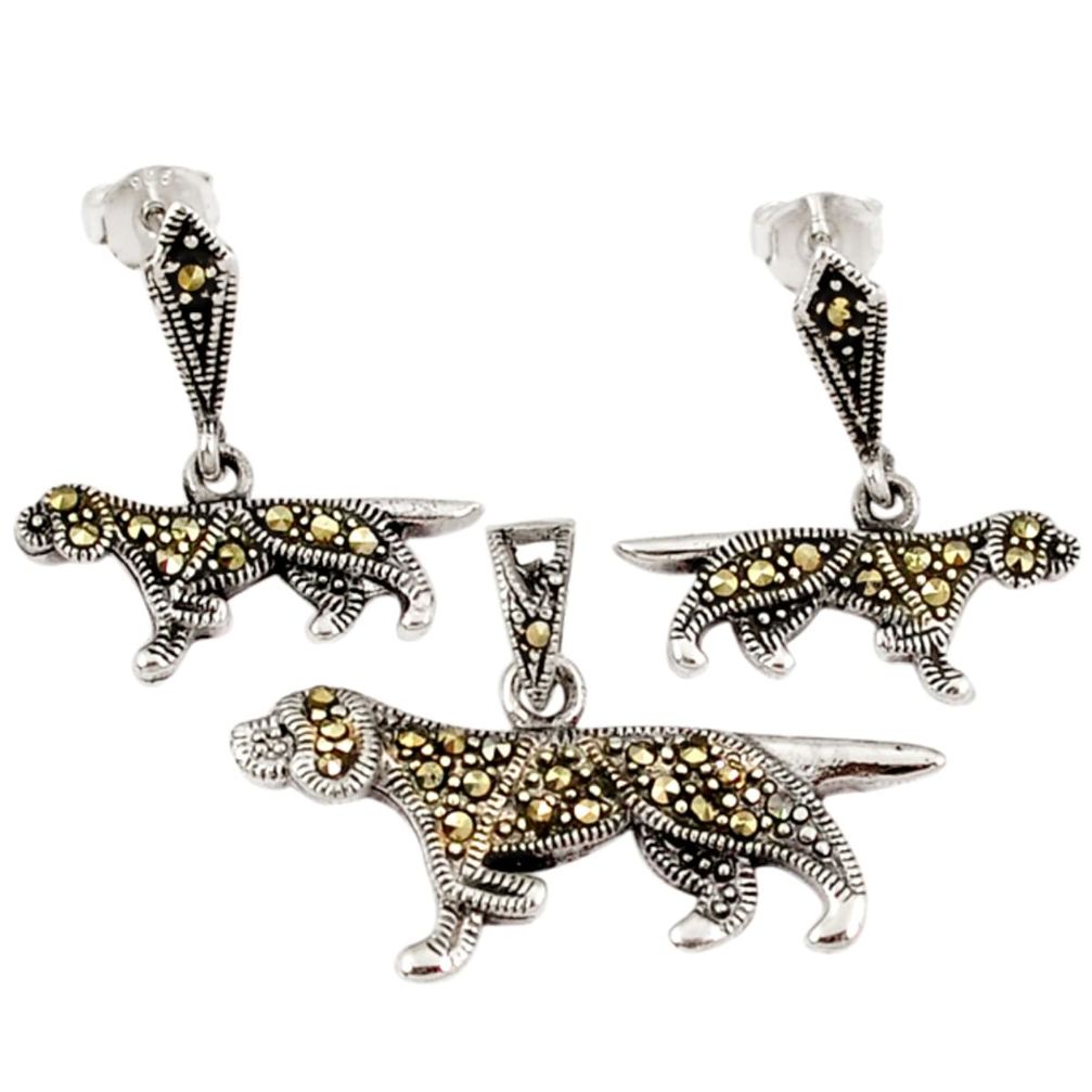 Swiss fine marcasite 925 sterling silver dog pendant earrings set jewelry a15637
