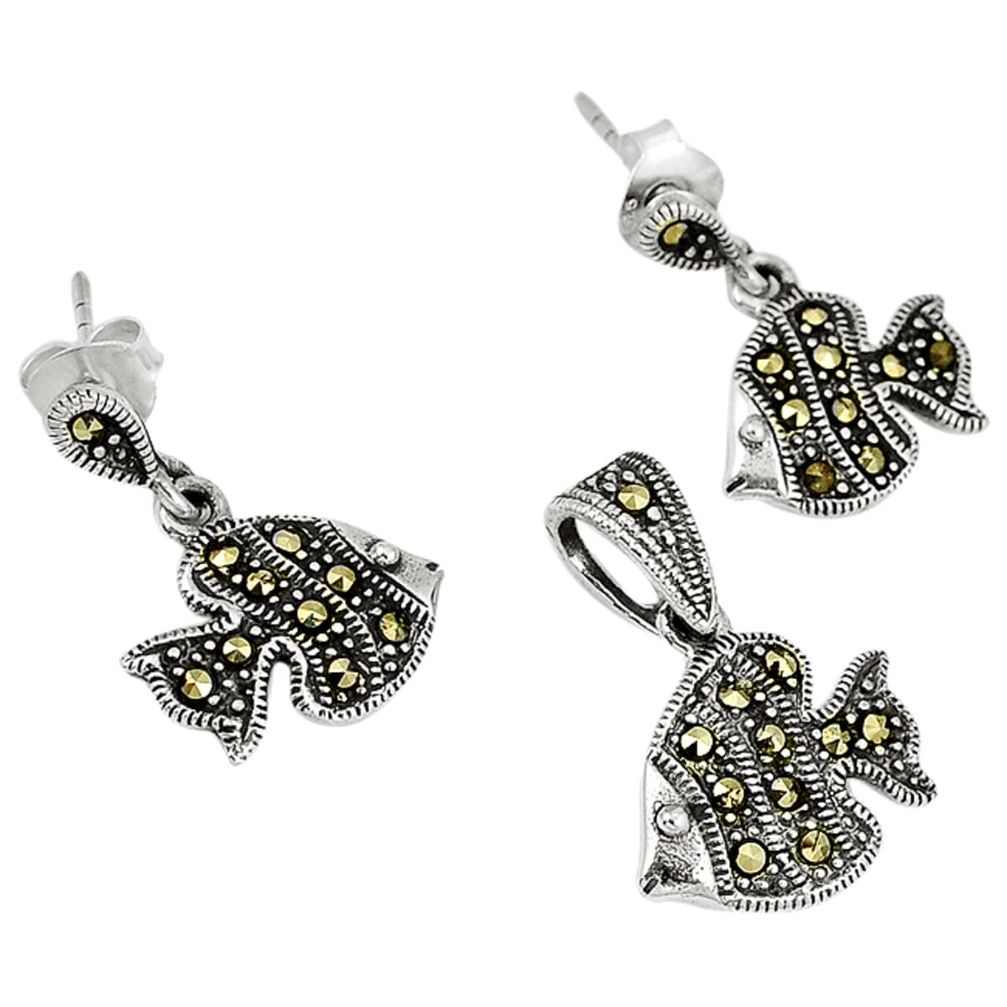 Marcasite 925 sterling silver fish pendant earrings set jewelry a26727