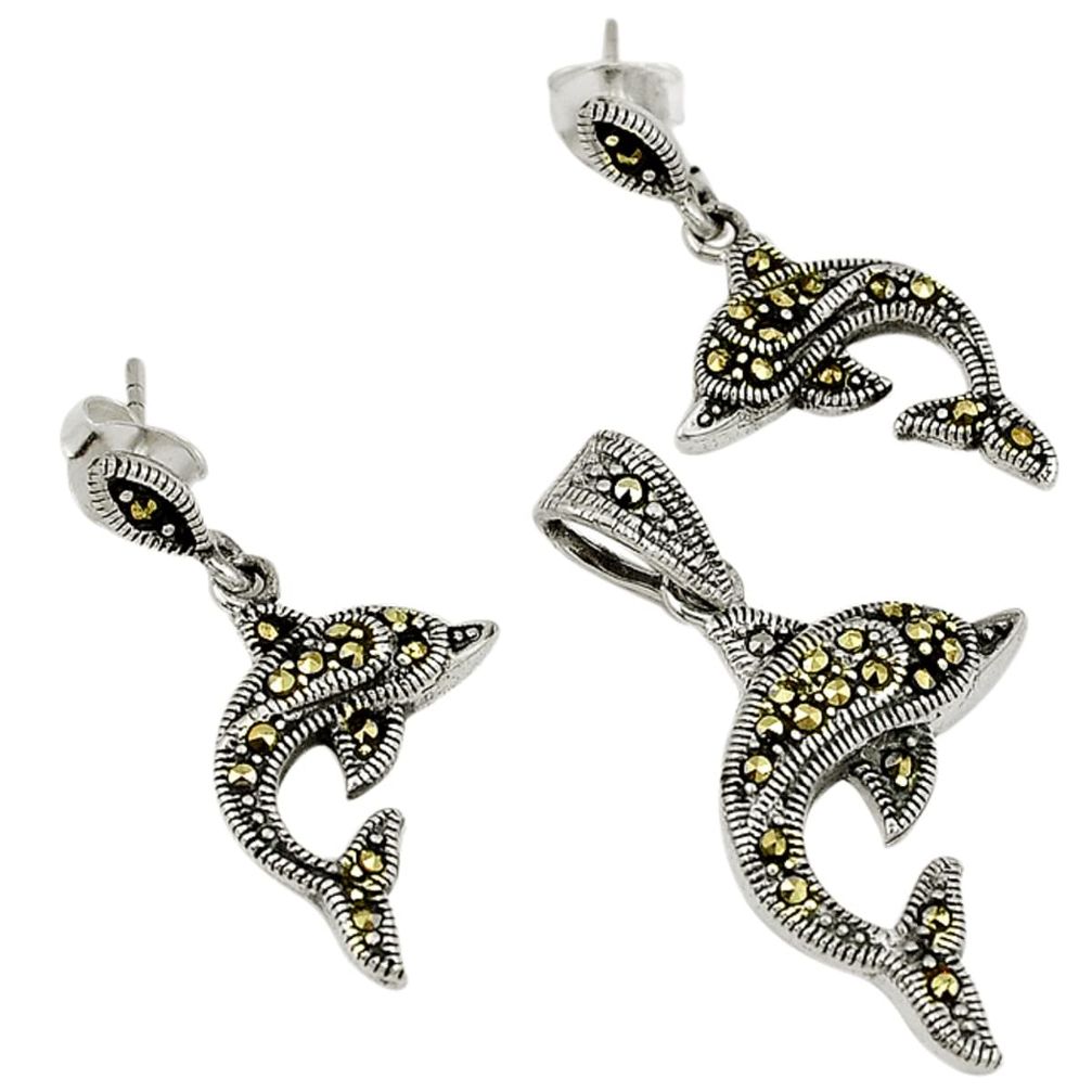 9.03gms marcasite dolphine sterling silver pendant earrings set jewelry a26763