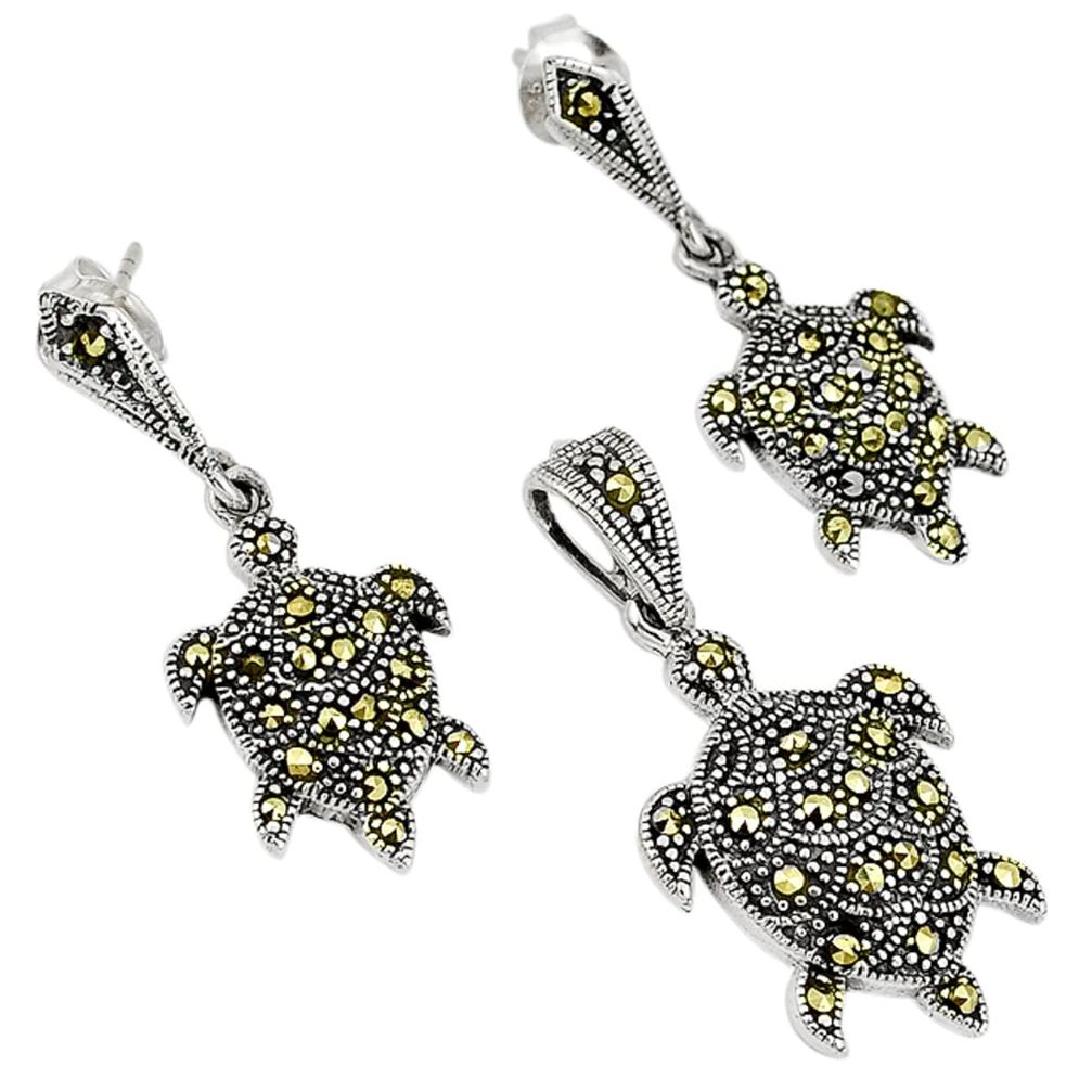 Swiss marcasite 925 sterling silver turtle pendant earrings set jewelry a30176