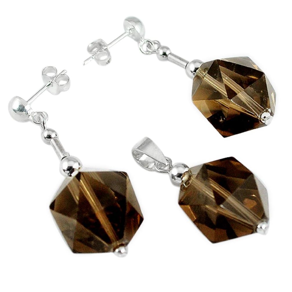 40.35cts brown smoky topaz beads sterling silver pendant earrings set a30512