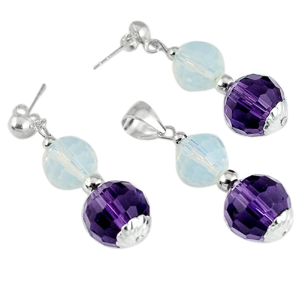 37.25cts natural purple amethyst opalite beadssilver pendant earrings set a30514
